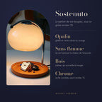 Sostenuto : globe en verre opalin crème ou orange, sans flamme, plateau en bois qui accueille la bougie
