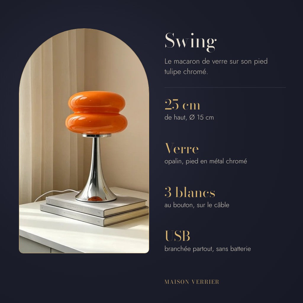 Lampe Swing : 25 cm de haut, Ø 15 cm, verre opalin, 3 blancs, alimentation USB