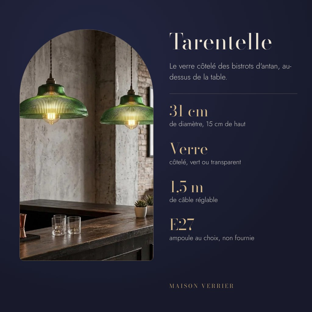 Tarentelle : 31 cm de diamètre, 15 cm de haut, Verre côtelé, vert ou transparent, 1,5 m de câble réglable