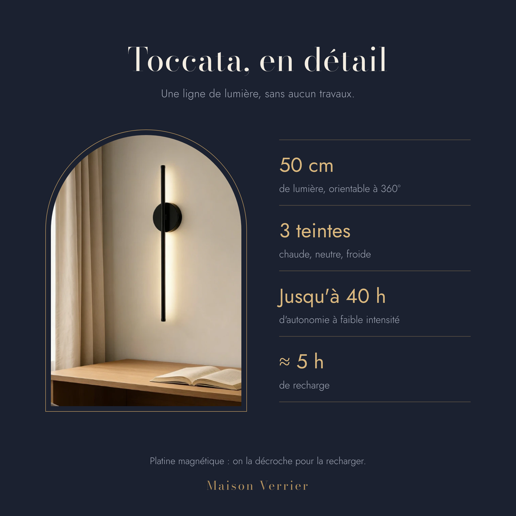 Applique sans fil Toccata : 50 cm, trois teintes, jusqu'à 40 h d'autonomie