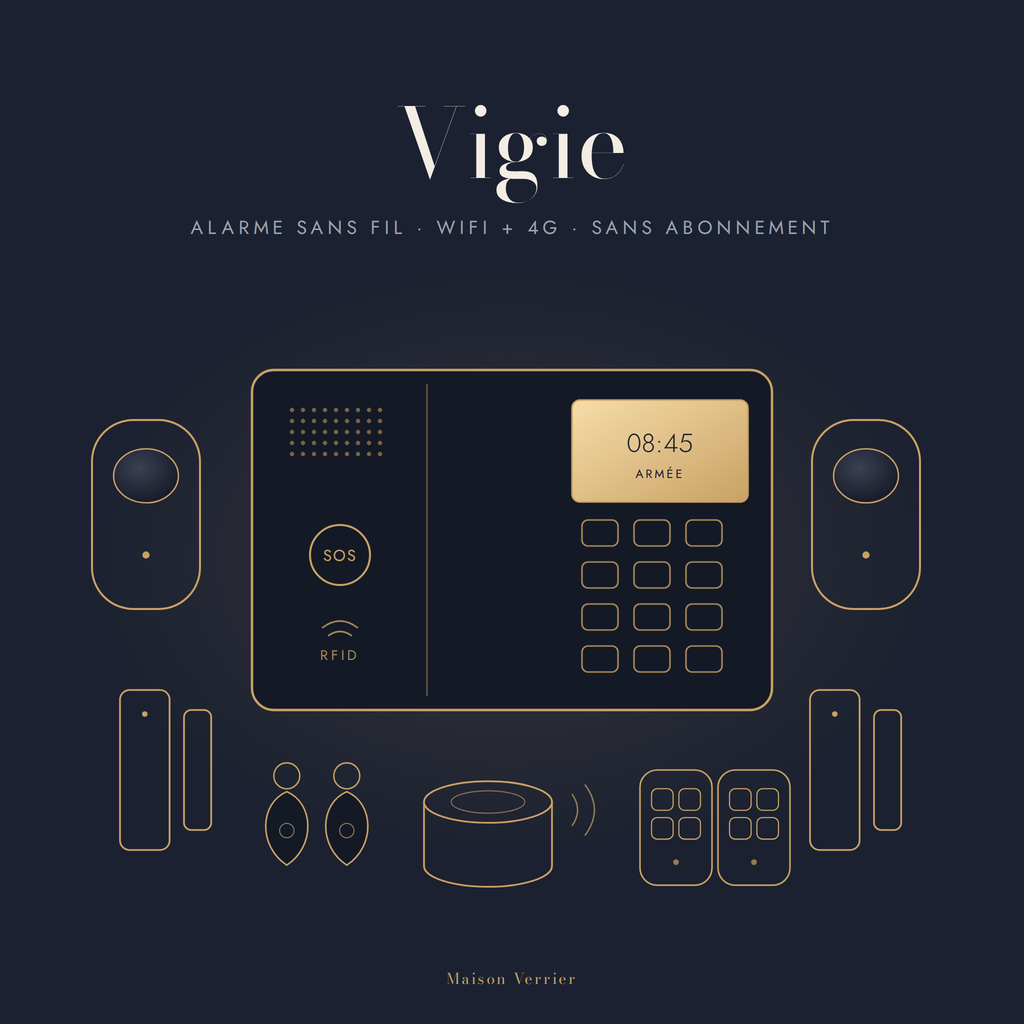 Alarme sans fil Vigie : centrale à écran, détecteurs de mouvement, détecteurs d'ouverture, sirène, badges et télécommandes
