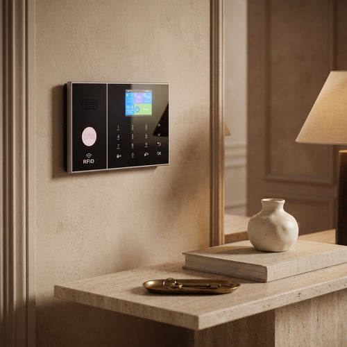 Centrale de l'alarme Vigie fixée au mur d'une entrée, au-dessus d'une console en travertin